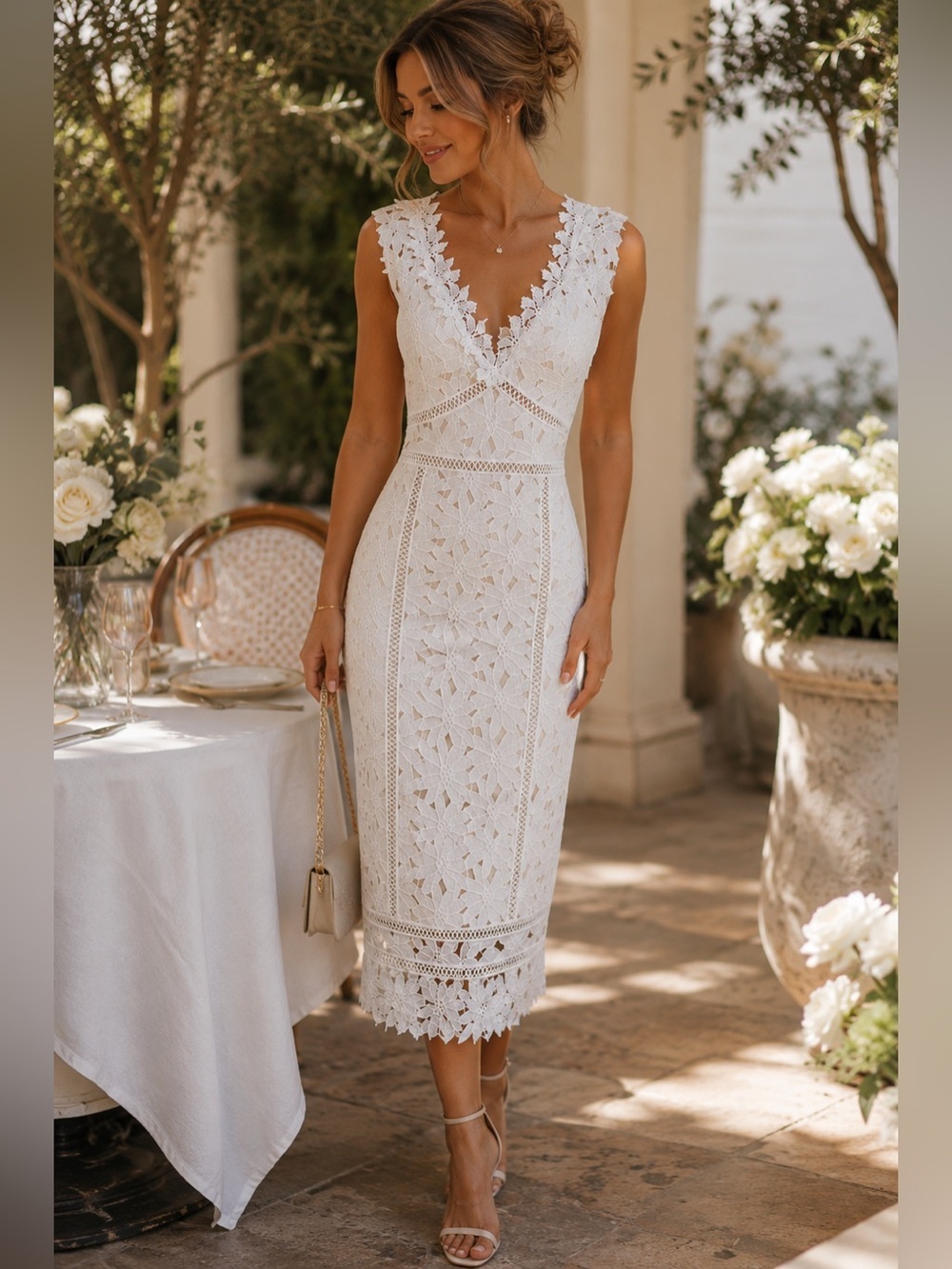 Saylor All-Over-Lace Midi Dress in White Size Large